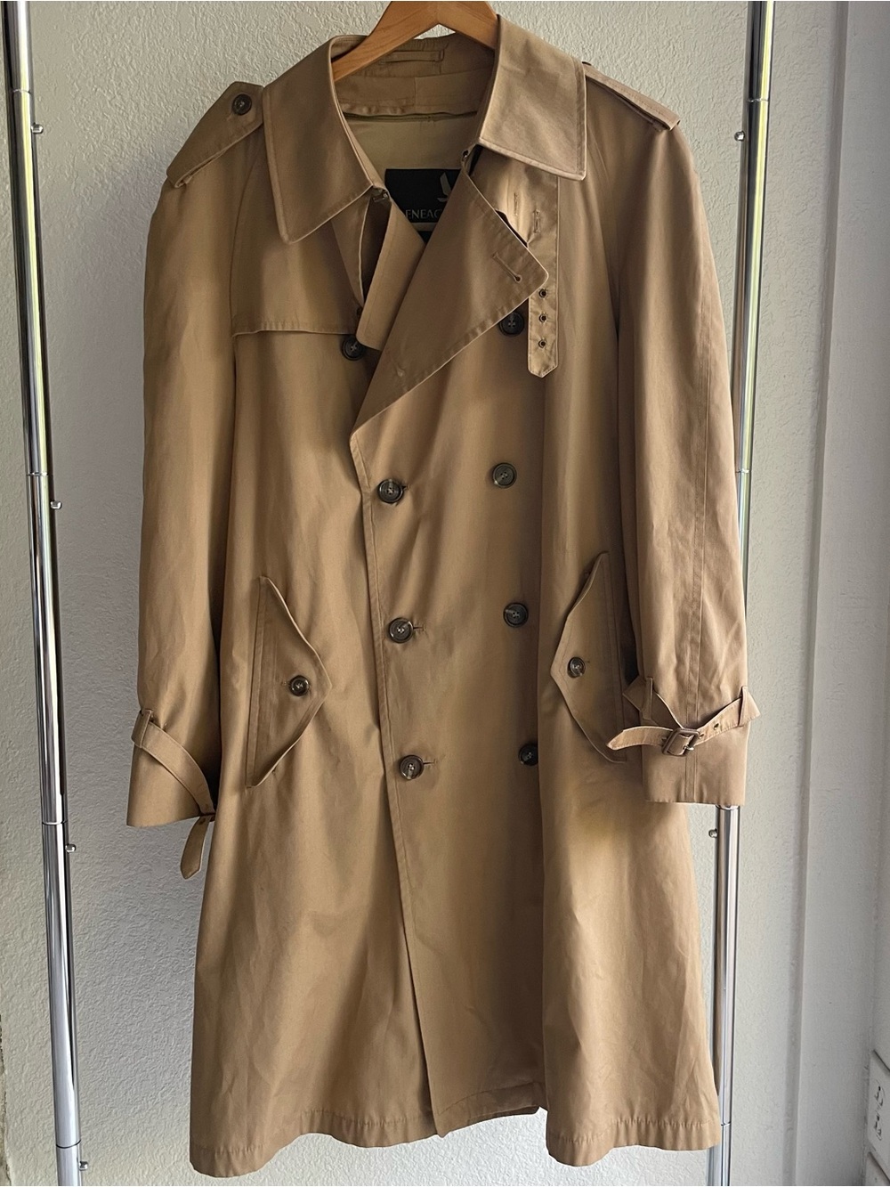 Men's Tan Double-Breasted Trench Coat with removable 100% wool liner